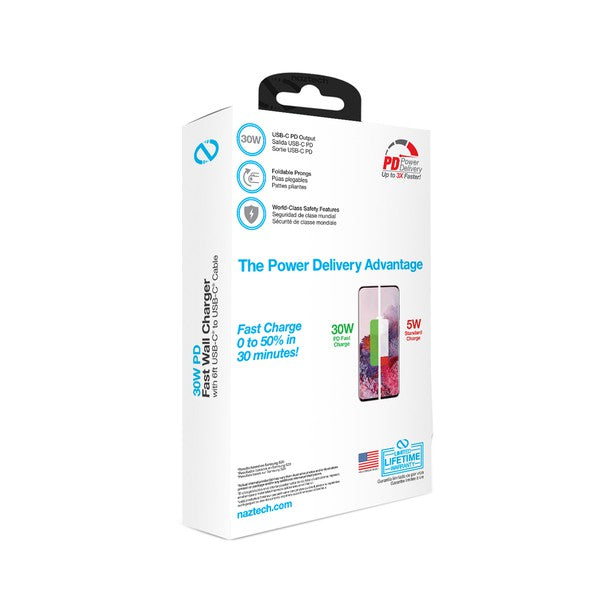 A compact Naztech wall charger with a 30W USB-C Power Delivery port and two matching USB-C to USB-C cables—designed for fast, portable charging.