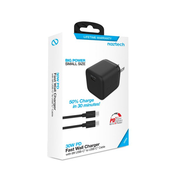 A compact Naztech wall charger with a 30W USB-C Power Delivery port and two matching USB-C to USB-C cables—designed for fast, portable charging.