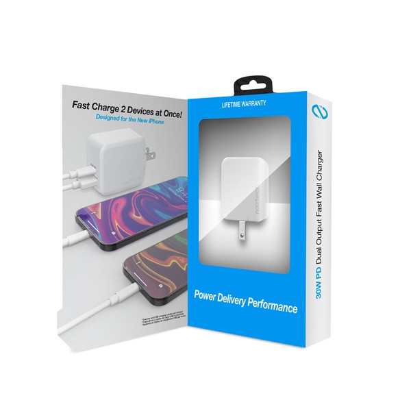 A white Naztech wall charger with dual USB ports—one 30W PD for fast charging and one for iPhone/Tablet—featuring a foldable plug and compact design.