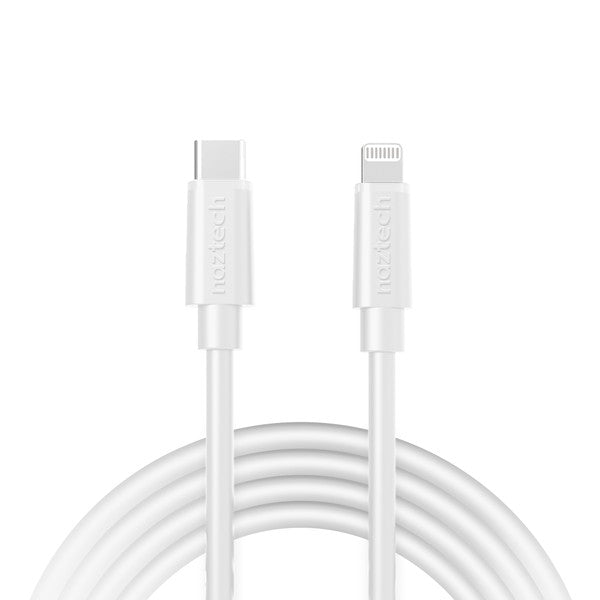 A coiled black Naztech cable with USB-C to Lightning connectors for charging and data transfer.