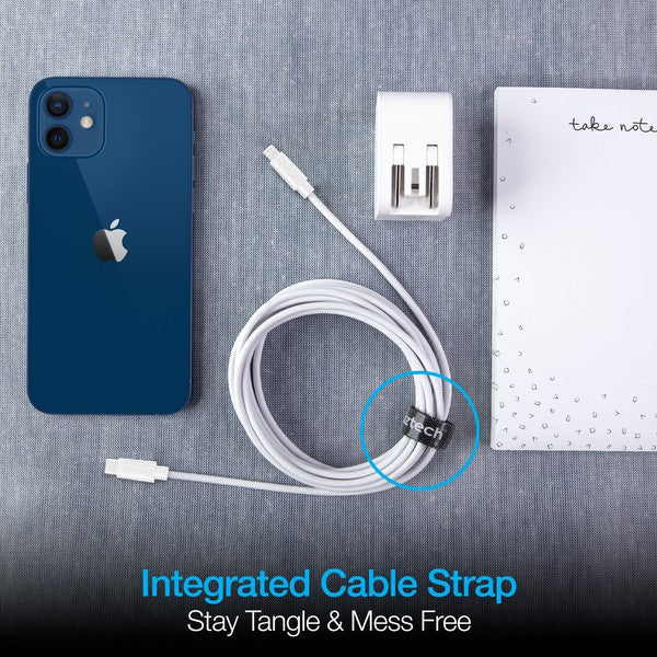 A coiled black Naztech cable with USB-C to Lightning connectors for charging and data transfer.