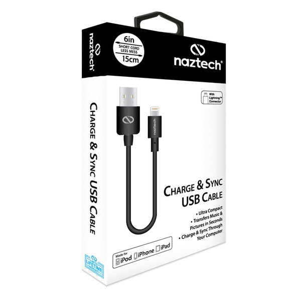 A short black Naztech USB-A to Lightning cable for charging and data transfer with Apple devices.