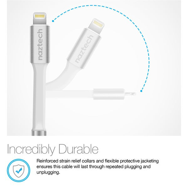 A Naztech adapter with a Lightning connector and 3.5mm jack for connecting wired headphones to Apple devices without headphone ports.