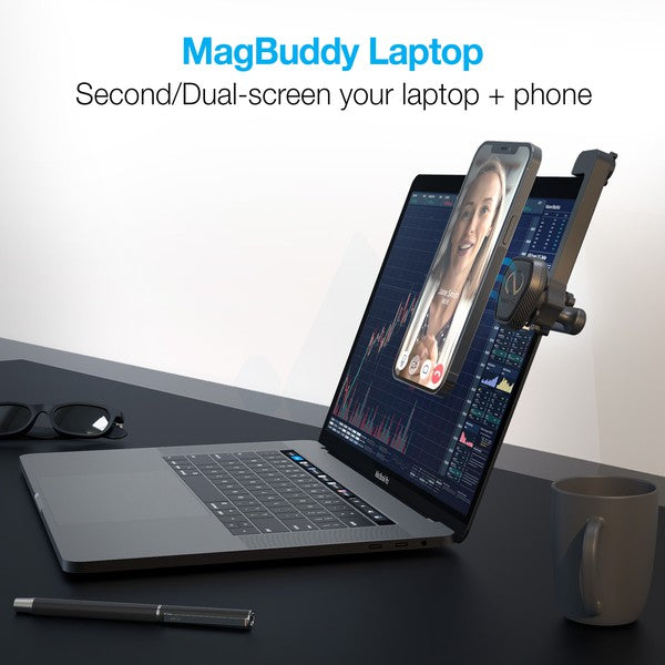 A compact NuTech Elite Series magnetic mount that attaches to any laptop, securely holding a smartphone for multitasking or video calls.