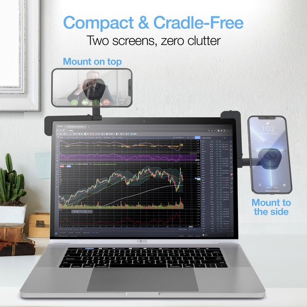 A compact NuTech Elite Series magnetic mount that attaches to any laptop, securely holding a smartphone for multitasking or video calls.
