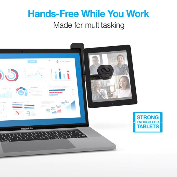 A compact NuTech Elite Series magnetic mount that attaches to any laptop, securely holding a smartphone for multitasking or video calls.