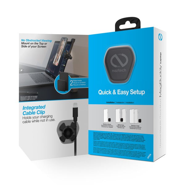 A compact NuTech Elite Series magnetic mount that attaches to any laptop, securely holding a smartphone for multitasking or video calls.