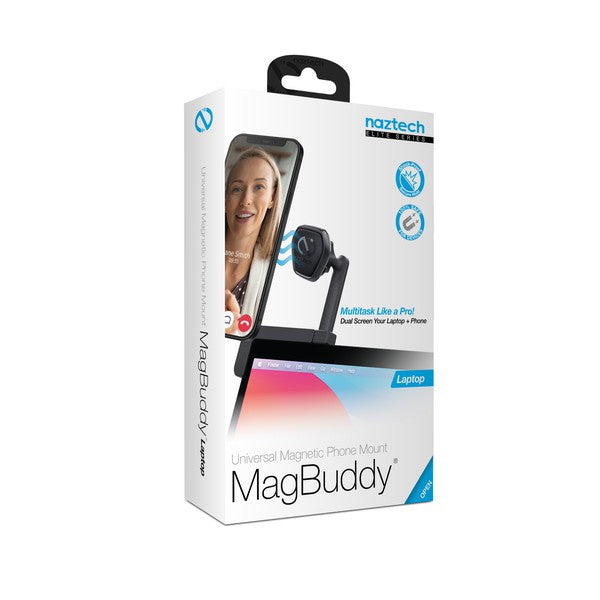 A compact NuTech Elite Series magnetic mount that attaches to any laptop, securely holding a smartphone for multitasking or video calls.