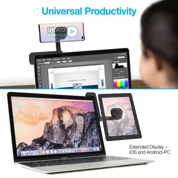 A compact NuTech Elite Series magnetic mount that attaches to any laptop, securely holding a smartphone for multitasking or video calls.