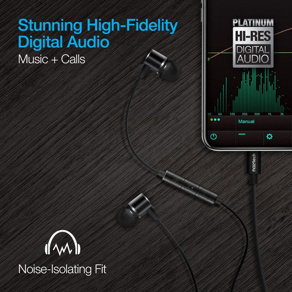 Ad for in-ear headphones connected to a smartphone—highlights stunning hi-res digital audio, noise-isolating fit, and dual functionality for music and calls.