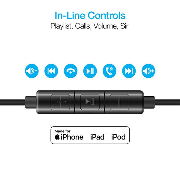 Precise diagram of Apple-compatible in-line controls—three-button remote enables playlist navigation, volume adjustment, call handling, and Siri activation.