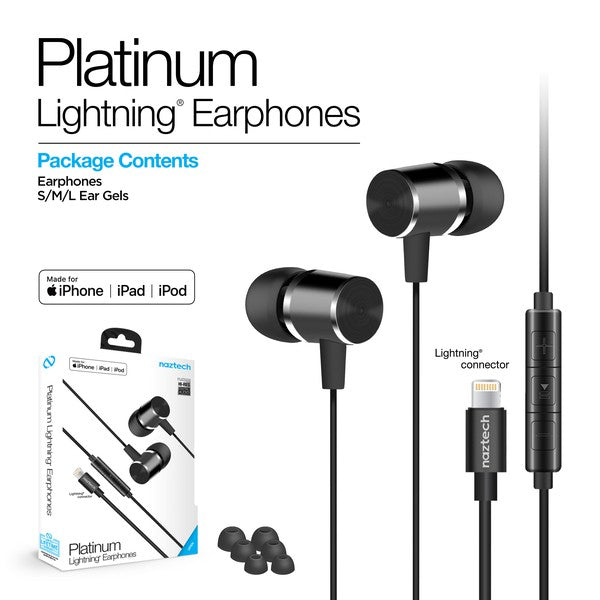 Naztech Platinum Lightning Earphones—sleek black design with inline remote, Lightning connector, and S/M/L ear gels; made for iPhone, iPad, and iPod.