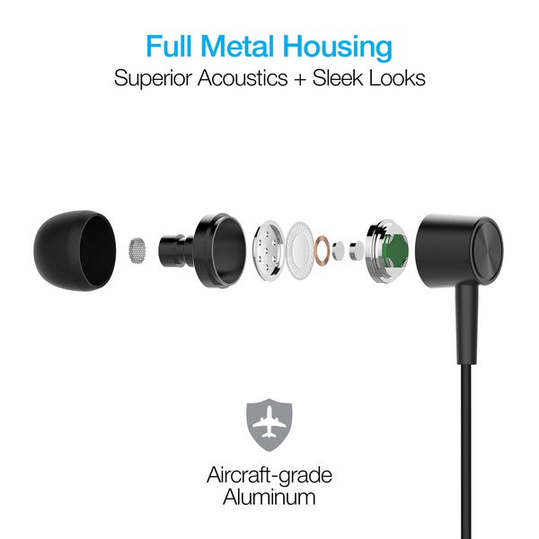 Exploded view of an earphone—highlights full metal housing made from aircraft-grade aluminum, showcasing internal components designed for superior acoustics and sleek design.