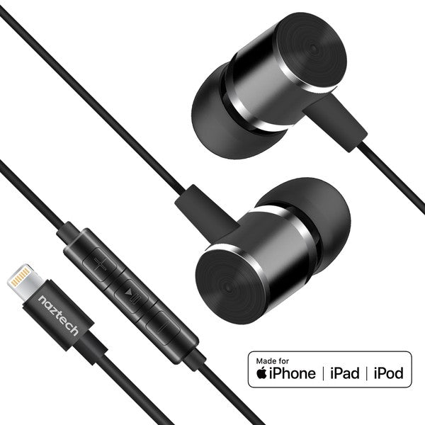 Black in-ear earphones with Lightning connector—features inline remote with volume and playback controls, built-in mic, and "Made for iPhone | iPad | iPod" compatibility.