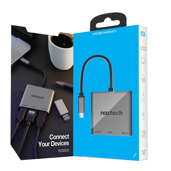 A compact Naztech USB-C adapter with braided cable, featuring USB-PD, HDMI, and USB 3.0 ports for fast charging, 4K video, and data transfer.