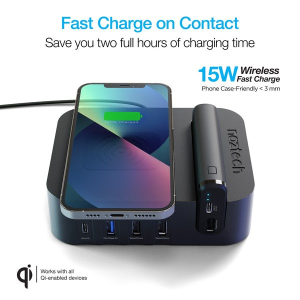 A sleek multi-device charging station with labeled USB ports, wireless charging for a smartphone, and a docked "midech" device featuring PD IN/OUT USB-C ports. Efficient and versatile.