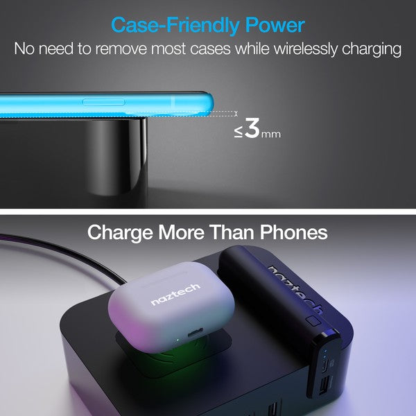A sleek multi-device charging station with labeled USB ports, wireless charging for a smartphone, and a docked "midech" device featuring PD IN/OUT USB-C ports. Efficient and versatile.