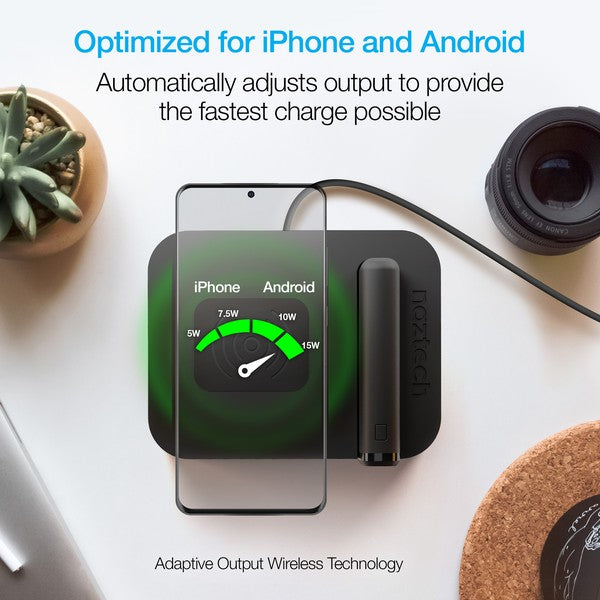 A sleek multi-device charging station with labeled USB ports, wireless charging for a smartphone, and a docked "midech" device featuring PD IN/OUT USB-C ports. Efficient and versatile.
