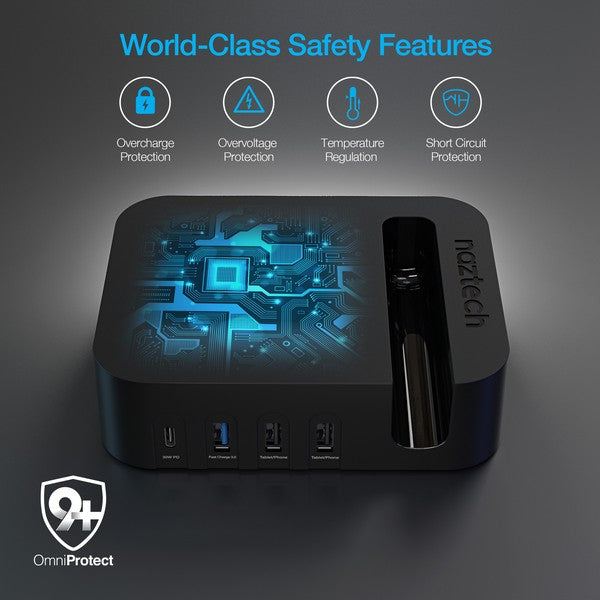 A sleek multi-device charging station with labeled USB ports, wireless charging for a smartphone, and a docked "midech" device featuring PD IN/OUT USB-C ports. Efficient and versatile.
