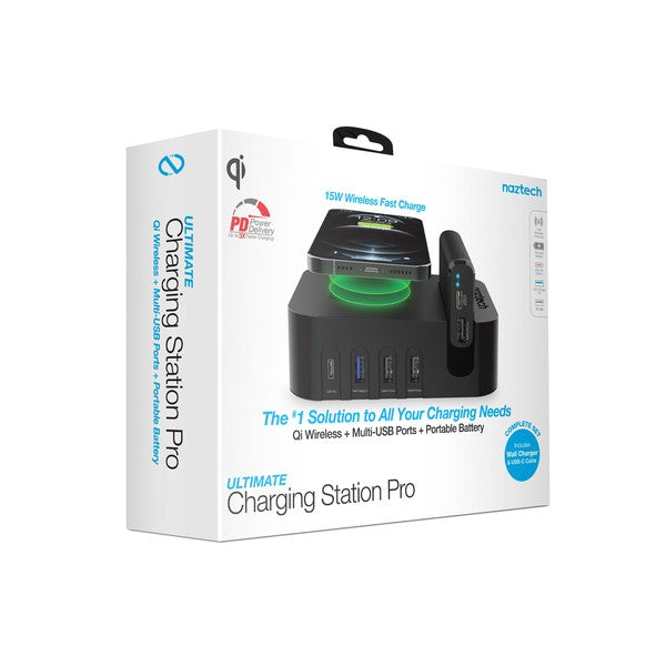 A sleek multi-device charging station with labeled USB ports, wireless charging for a smartphone, and a docked "midech" device featuring PD IN/OUT USB-C ports. Efficient and versatile.