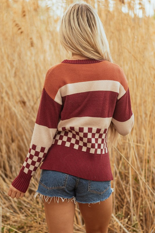 Woman models a checkered color block sweater, featuring a crew neck, perfect for a cozy and stylish look back view.