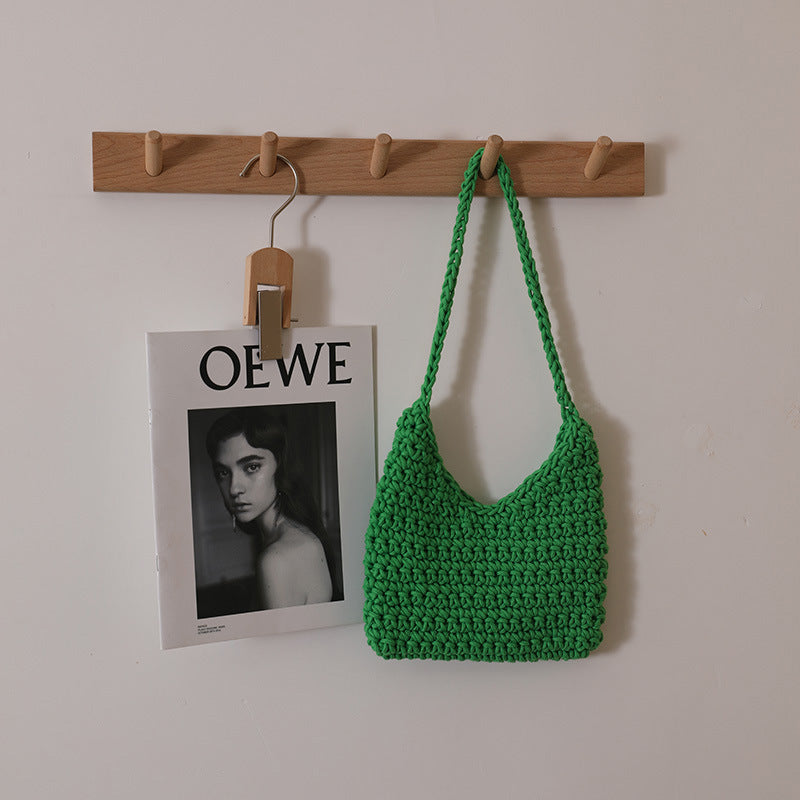 Single Shoulder Cotton Thread Woven Bag Solid Color Single Shoulder Women Bag Casual Underarm Bag Vacation Beach Bag