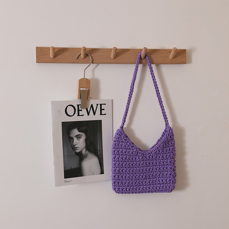 Single Shoulder Cotton Thread Woven Bag Solid Color Single Shoulder Women Bag Casual Underarm Bag Vacation Beach Bag