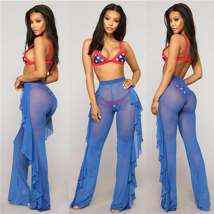 Ruffled Solid Color Casual Sexy Yarn Pants See through Women Beach Vacation Trousers