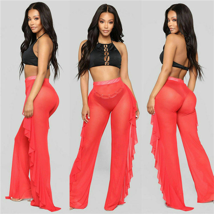Ruffled Solid Color Casual Sexy Yarn Pants See through Women Beach Vacation Trousers
