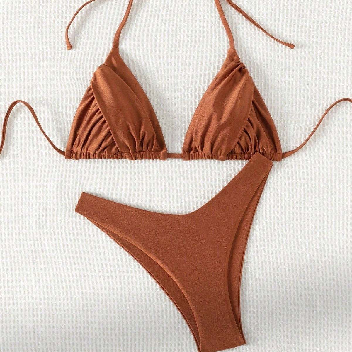 Swimsuit Solid Color Sexy High Leg Bikini Strap Halter Split Swimsuit for Women