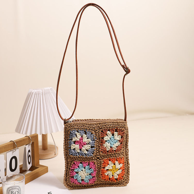 Hollow Out Cutout Floral Crossbody Straw Bag Retro Square Straw Bag Woven Bag Vacation Beach Bag All Match Shoulder Bag
