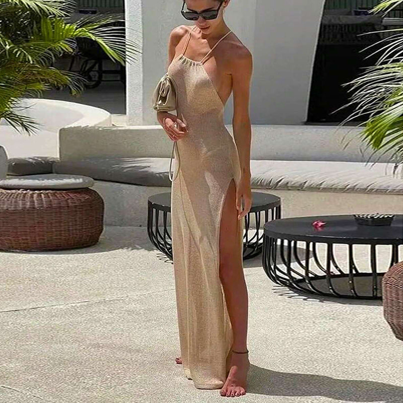 Double Sided High Slit Sling Beautiful Back Knitted Dress Beach Dress Women