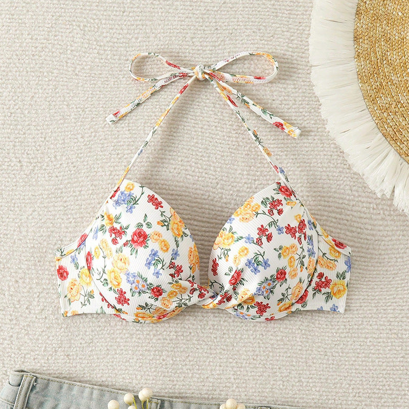 Printed Sexy Bikini Swimsuit Hard Bag Cup Swimsuit Women Halter Lace up Top