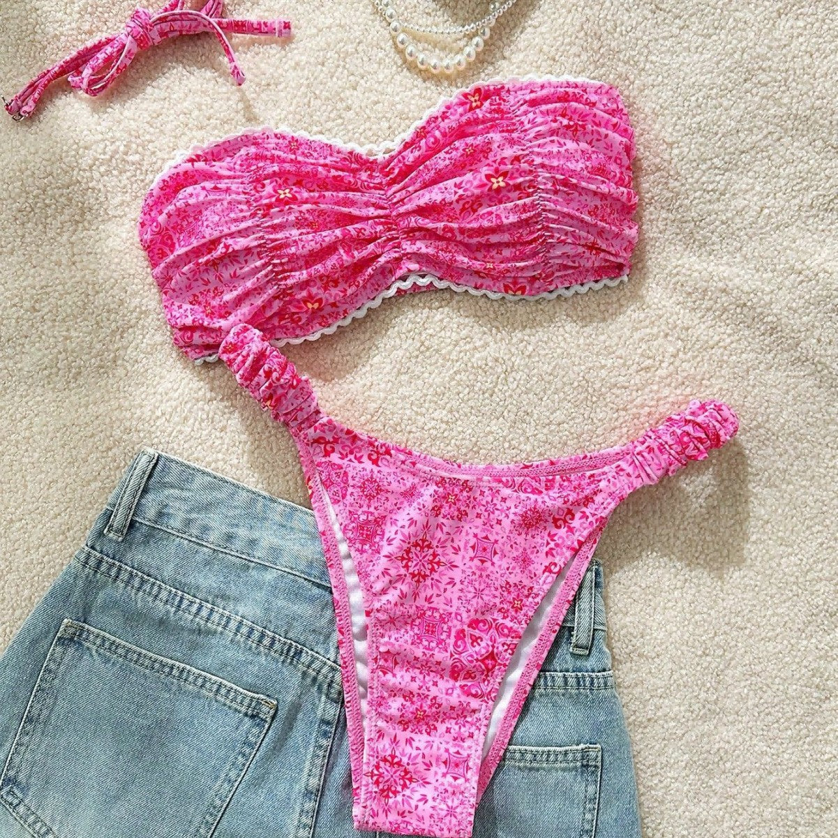 Floral Print Bikini Tube Top Sexy Bikini Lady Simple Split Swimsuit