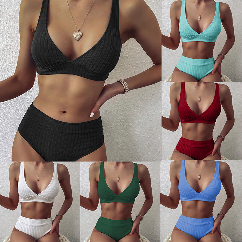 V-neck Sunken Stripe Cloth Bikini High Waist Split Swimsuit