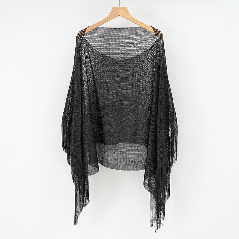 Summer Hollow Out Cutout Tassel Solid Color Blouse Shawl Tassel Scarf