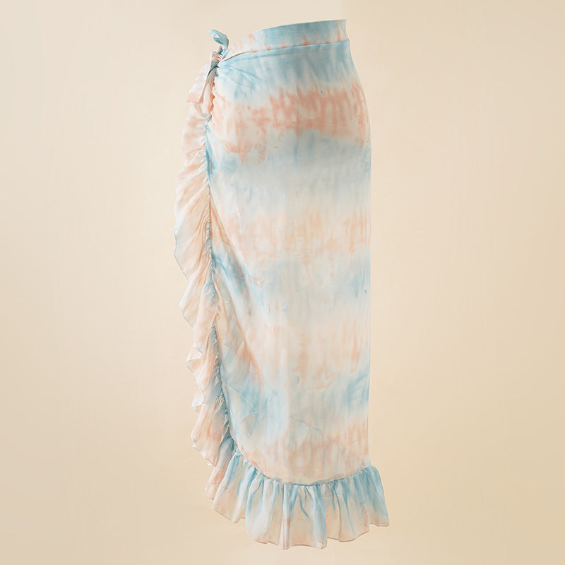 Summer Seaside Vacation Chiffon Printing Tie Dye Bandage Beach Wrap Skirt Bikini Swimsuit Blouse