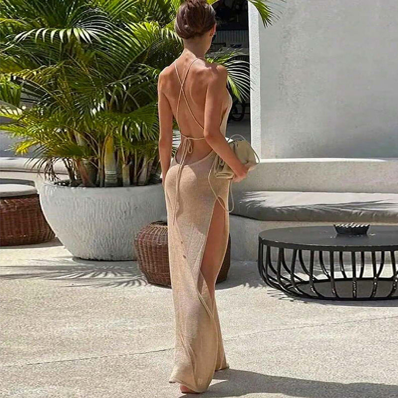 Double Sided High Slit Sling Beautiful Back Knitted Dress Beach Dress Women
