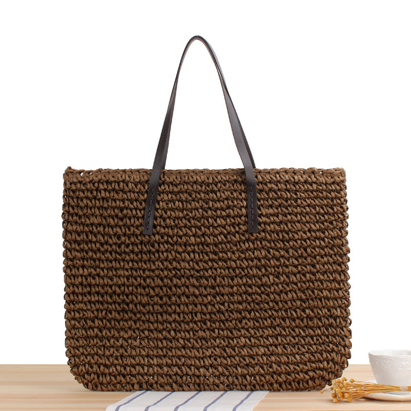 Large Capacity Casual Straw Bag Korean Shoulder Bag Solid Color Handmade Woven Bag Mori Photo