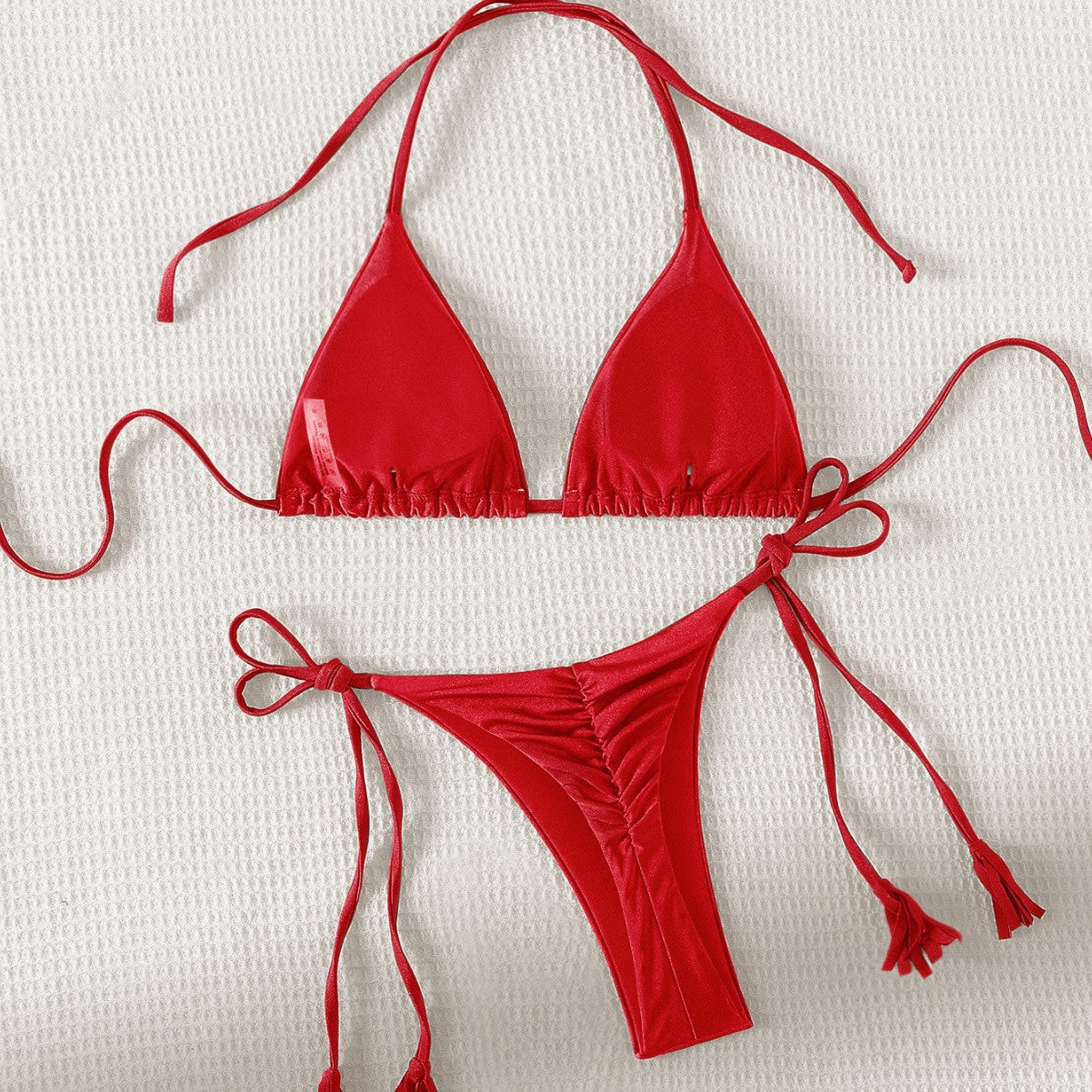 Solid Color Tied Tassel Bikini Sexy Swimwear Swimsuit T Back Women Split