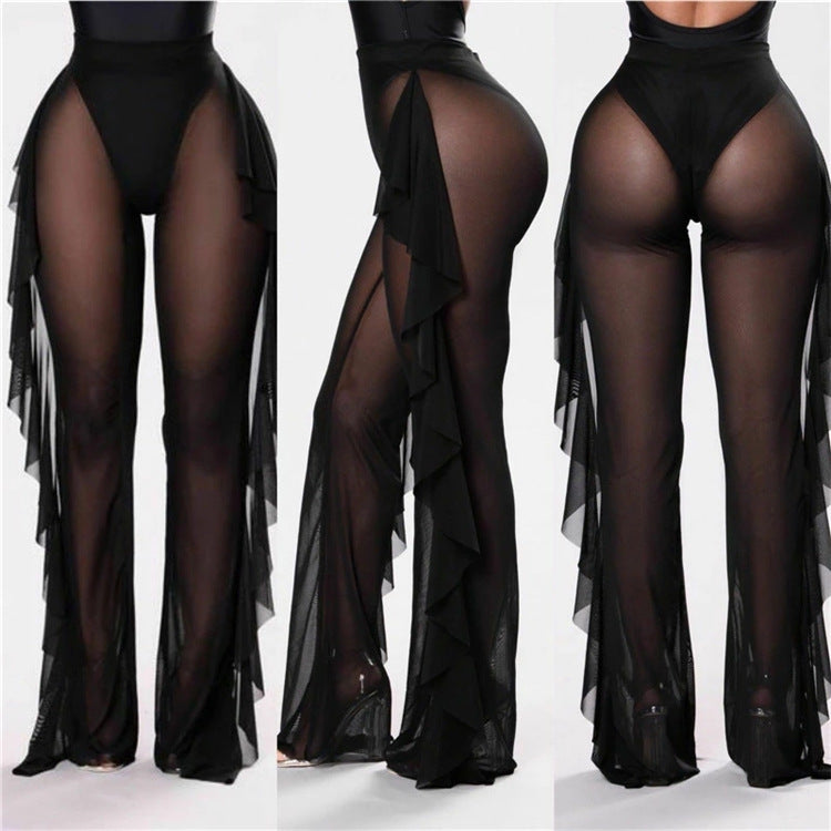 Ruffled Solid Color Casual Sexy Yarn Pants See through Women Beach Vacation Trousers
