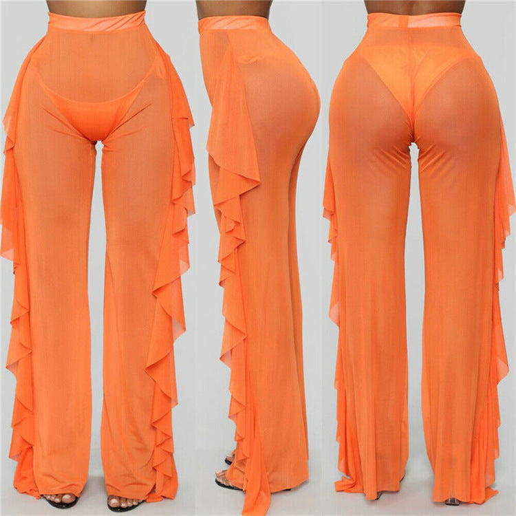 Ruffled Solid Color Casual Sexy Yarn Pants See through Women Beach Vacation Trousers