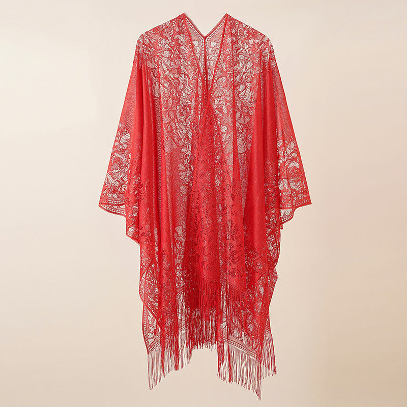 Lace Large Shawl Leaky Lace Cardigan Sun Protection Clothing Beach Cover Up Sun Protection Shawl