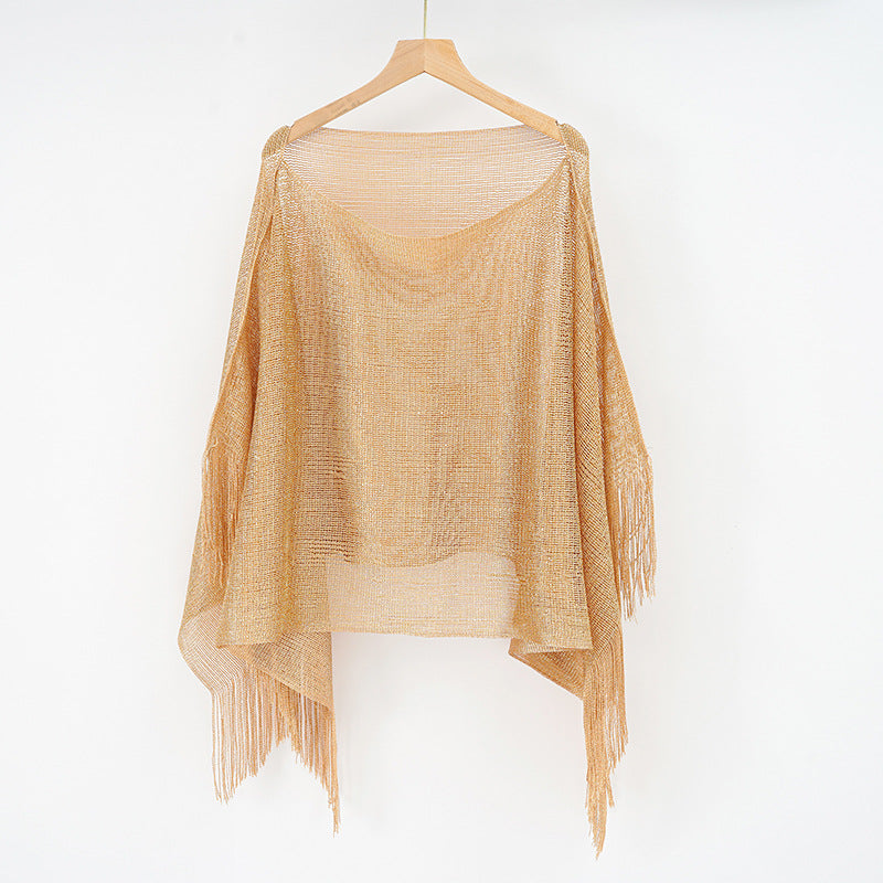 Summer Hollow Out Cutout Tassel Solid Color Blouse Shawl Tassel Scarf
