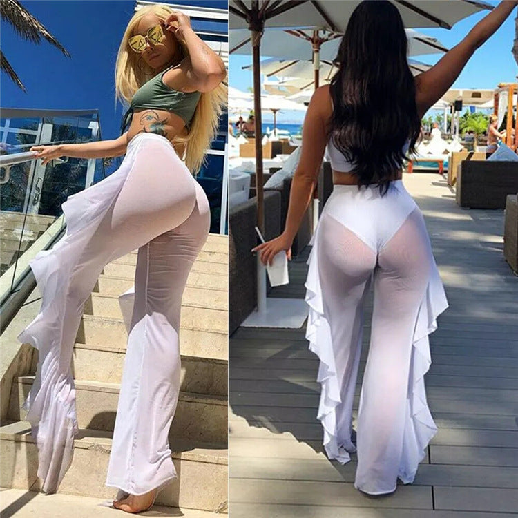 Ruffled Solid Color Casual Sexy Yarn Pants See through Women Beach Vacation Trousers