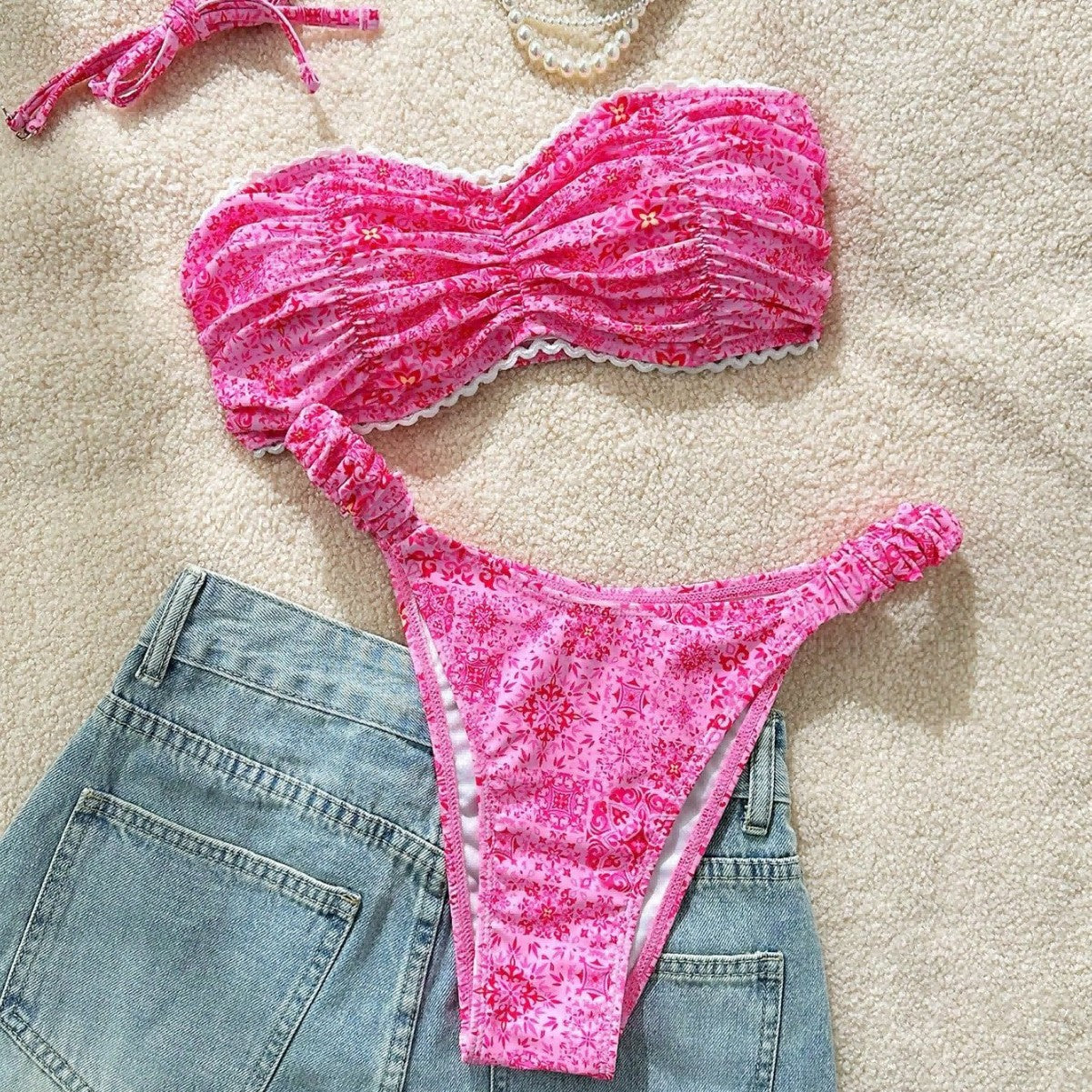 Floral Print Bikini Tube Top Sexy Bikini Lady Simple Split Swimsuit