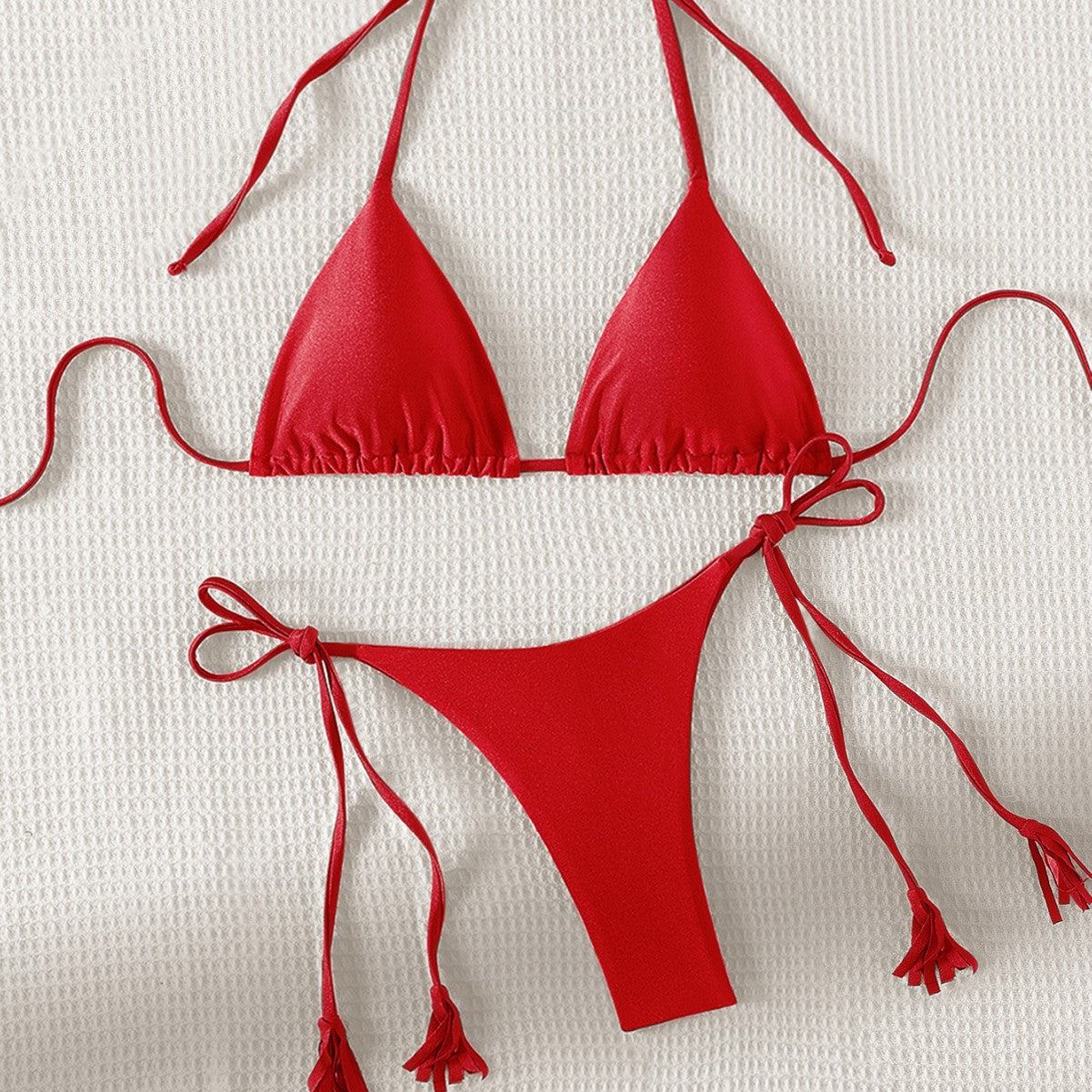 Solid Color Tied Tassel Bikini Sexy Swimwear Swimsuit T Back Women Split