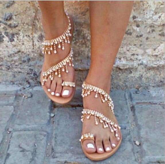 foreign trade Big size 43 Flat shoes Small Hanging bead Toenail Women's Shoes new pattern summer Sandals female Flat heel student Internet celebrity fashionable