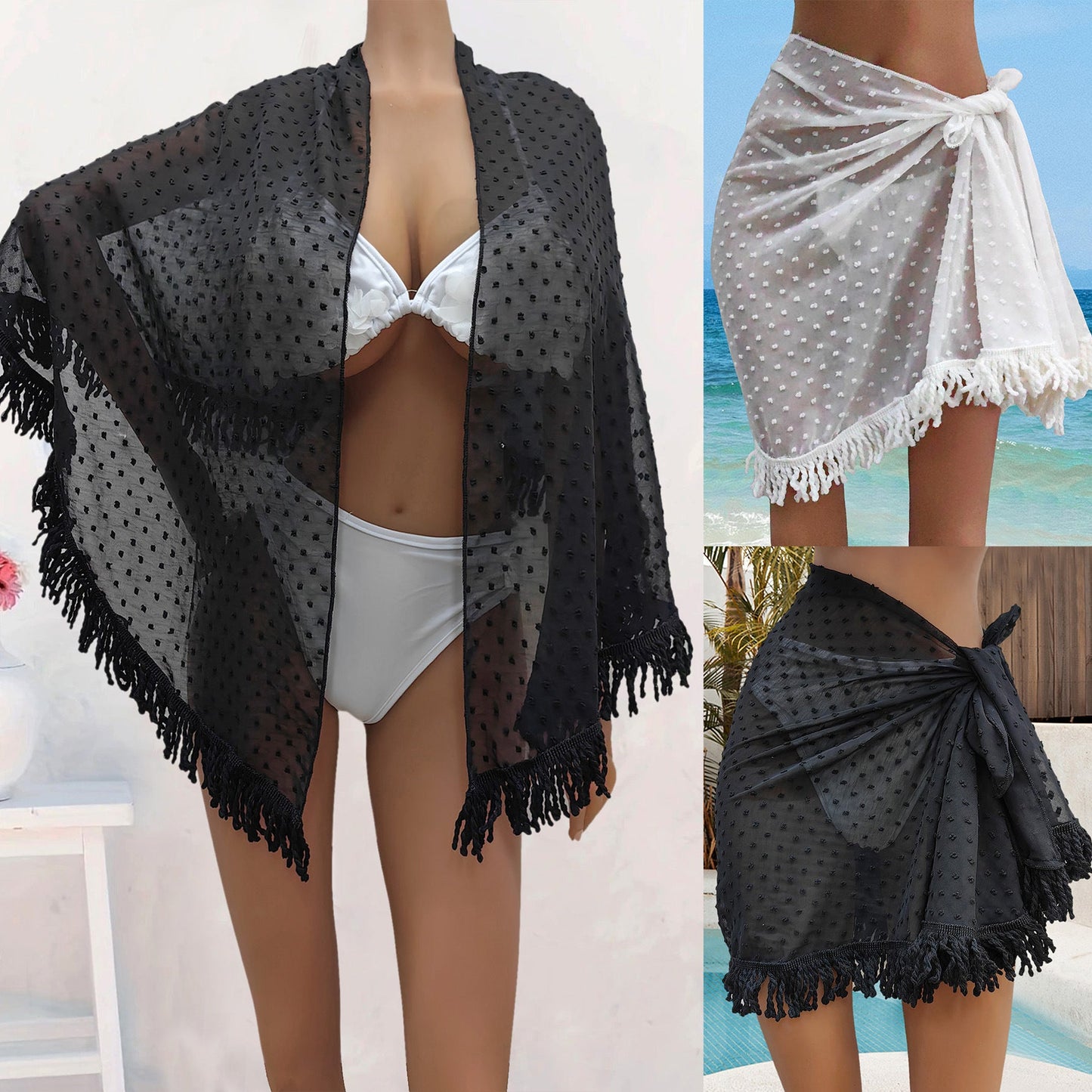 Women Clothing One Piece Beach Skirt Tassel Stitching Multiple Wear Anti-Sunburn Shawl