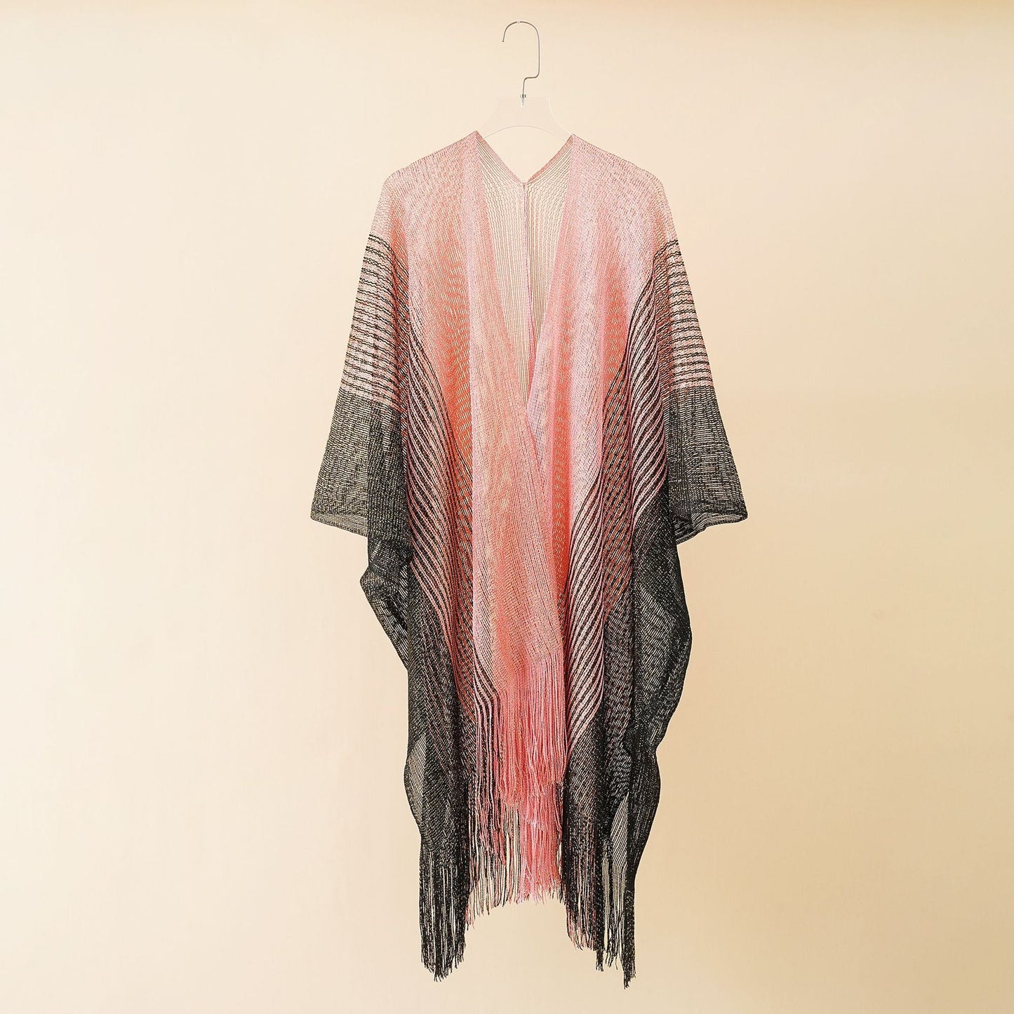 Summer Color Matching Striped Tassel Shawl Hollow Out Cutout Gold Silk Cardigan Coat Sun Protection